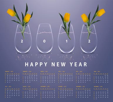 New year 2012 Calendar with conceptual image of yellow tulips in glass vases.