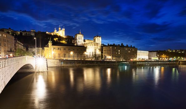 night view from Lyon city near the Fourviere cathedral and Saône river