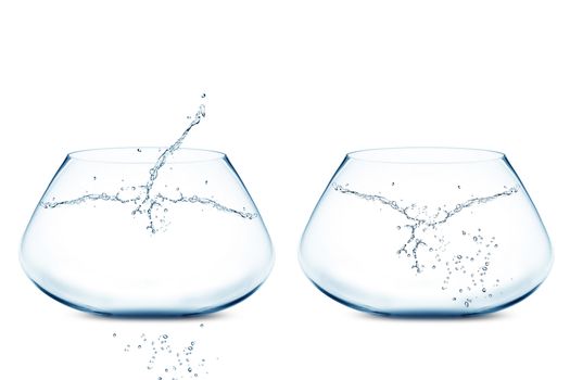 isolated Empty Two fishbowls with water in front of white background.