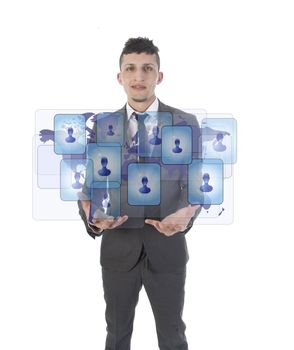 Young man holding social media symbols isolated on white