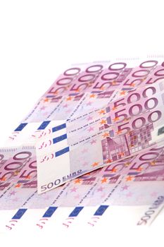 Array of 500 Euro notes on white