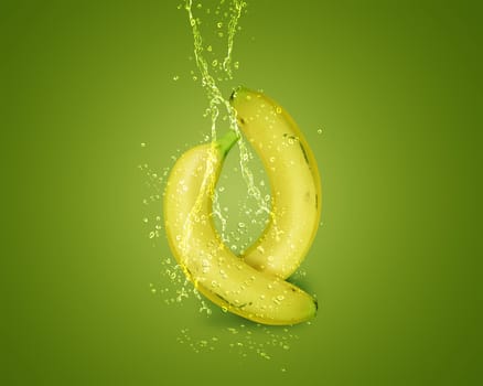 Fresh Banana with water splashes on green background.