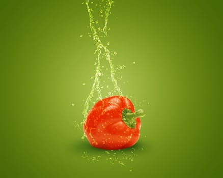 Fresh red bell pepper with water splashes on green background.