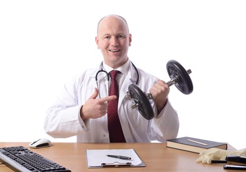 doctor sat at desk points to a weight prescribing exercise isolated on white