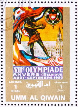 UMM AL-QUWAIN - CIRCA 1972: a stamp printed in the Umm al-Quwain shows Antwerp 1920, Belgium, Olympic Games of the past, circa 1972