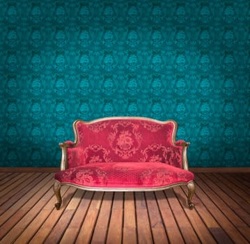 vintage red luxury armchair and in blue wallpaper room