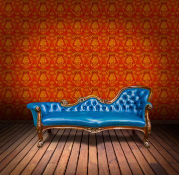 vintage blue luxury armchair and in yellow wallpaper room