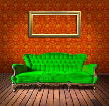 vintage luxury armchair and frame in orange wallpaper room