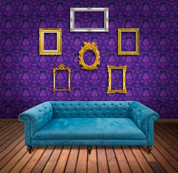 Sofa and frame in purple wallpaper room