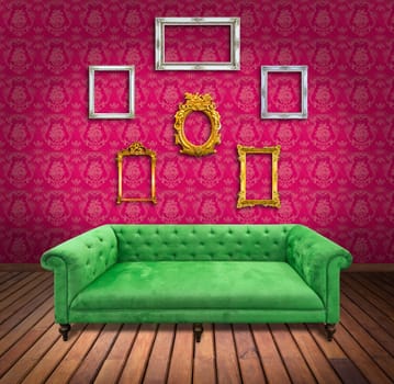 Sofa and frame in pink wallpaper room