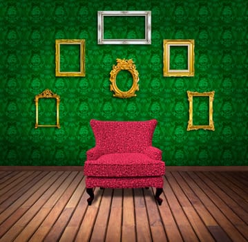 Sofa and frame in green wallpaper room