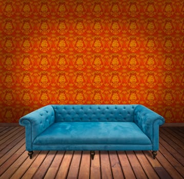 Sofa in yellow wallpaper room