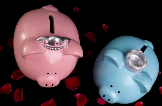 King & queen piggy banks on a bed of red rose petals on black background