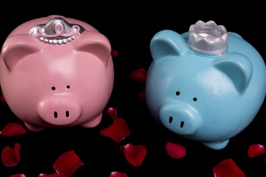 King & queen piggy banks on a bed of red rose petals on black background