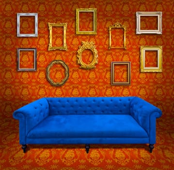 Sofa in yellow wallpaper room