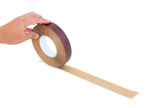 hand holding wood tape isolated with clipping path