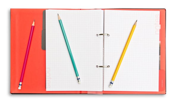 red notebook and pencil isolated with clipping path
