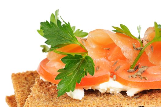 Snack. Bread with feta cheese and salmon. Isolated on white.