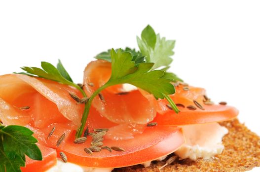 Snack. Bread with feta cheese and salmon. Isolated on white.