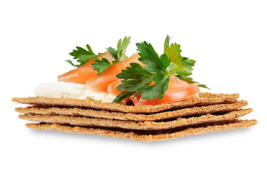 Snack. Bread with feta cheese and salmon. Isolated on white.