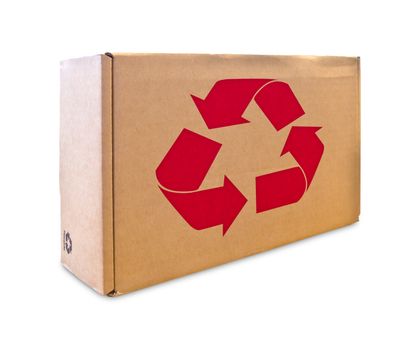 recycle sign on cardboard box isolated