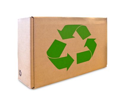 recycle sign on cardboard box isolated