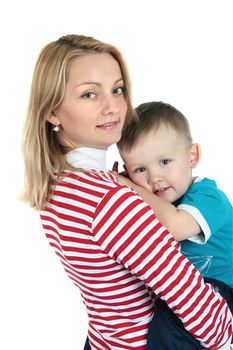 Mother with the small son, is isolated on a white background