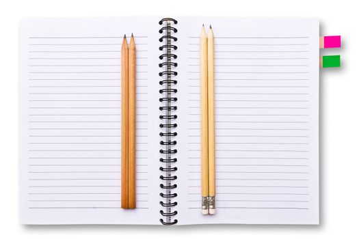 white notebook and pencils isolated