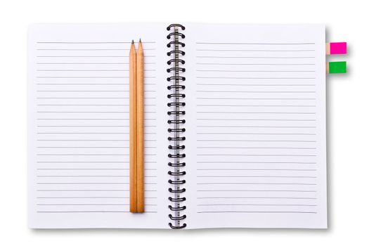 white notebook and pencils isolated