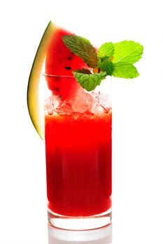Watermelon smoothie garnished with watermelon slices and mint leaves isolated on white