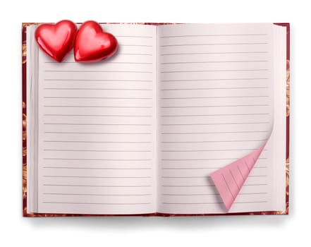 Open Valentine pink blank diary isolated on white background