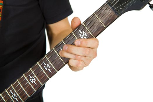 hand artist and  electric guitar neck on white background