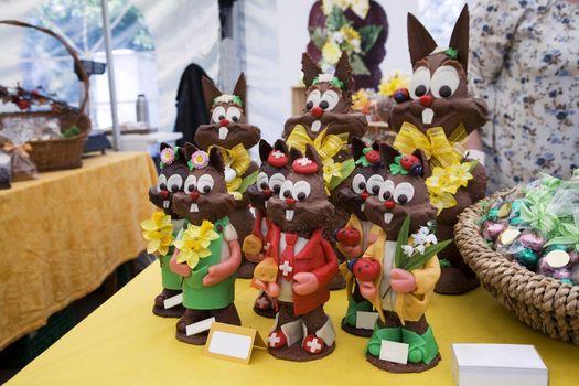 Chocolate easter bunnies with Swiss symbols and chocolate ladybugs 