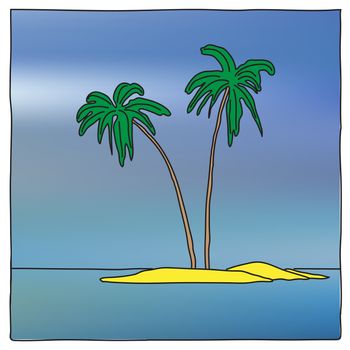 nice cartoon style view of small island with two palms