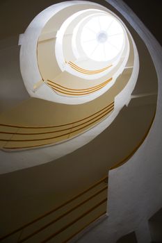 Spiralling stairs and skylight