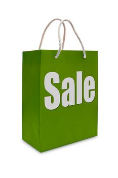 sale label on green shopping  paper bag