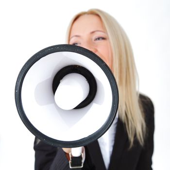 business woman with megaphone isolated white background