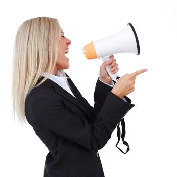 business woman with megaphone isolated white background
