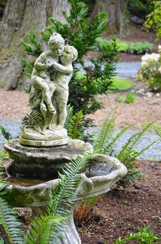 Old decorative stone birdbath in northwest garden