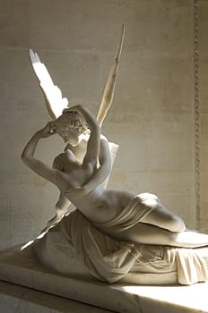 marble sculpture "Cupid and Psyche" by Antonio Canova, shows moment of awakening Psyche from the kiss of the god Cupid .1787 Louvre Paris