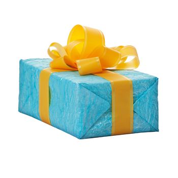 Gift in the blue box with yellow bow isolated on white background
