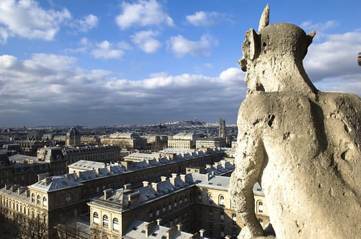 stone guards - chimere of Notre-Dame overlooking Paris. Notre Dame de Paris, Paris, Europe