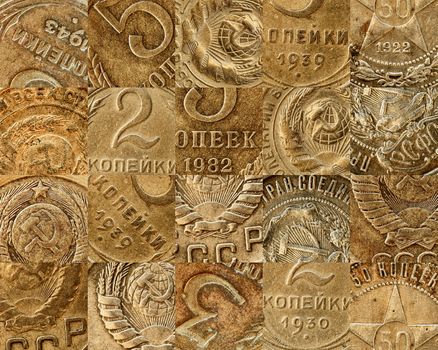 Old copper coins of the Soviet - a collage