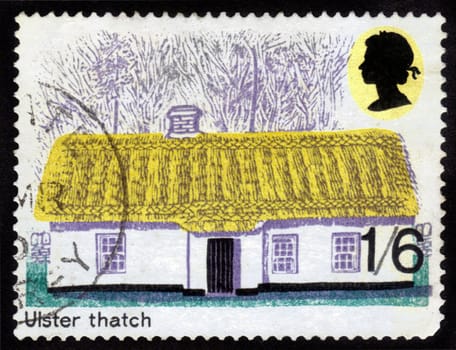 GREAT BRITAIN - CIRCA 1970: A stamp printed in Great Britain shows British Rural Architecture, Multicoloured, ulster thatch , circa 1970
