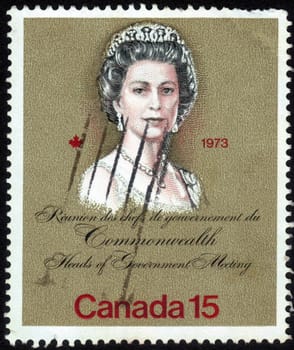 Canada-CIRCA 1973: stamp printed in Canada, shows images of Queen Elizabeth, dedicated to Royal Visits in 1973 at the meeting Heads of Government, circa 1973