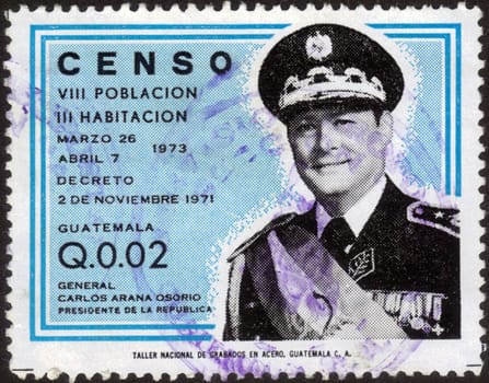 GUATEMALA - CIRCA 1973: A stamp printed in the Guatemala, shows Gen. Carlos Arana Osorio president of Guatemala, dedicated to the 8 th census of population in Guatemala, circa 1973