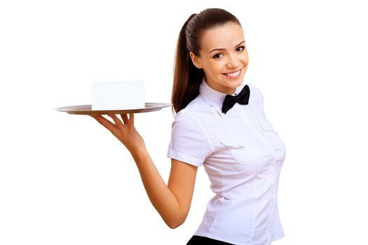 Portrait of young waitress with an empty tray