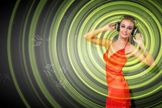 Portrait of young woman with headphones and glittering background