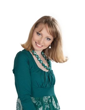 beauty portrait of a blonde in a green dress isolated on white background