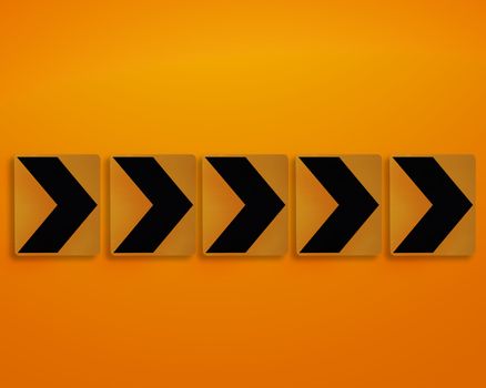 Orange direction signs on orange wall